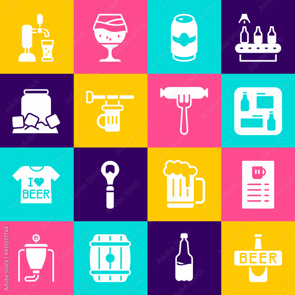 Set Beer bottle, menu, can, Signboard with glass of beer, Cold, tap and Sausage on the fork icon. Vector Set Beer bottle, menu, can, Signboard with glass of beer, Cold, tap and Sausage on the fork icon. Vector