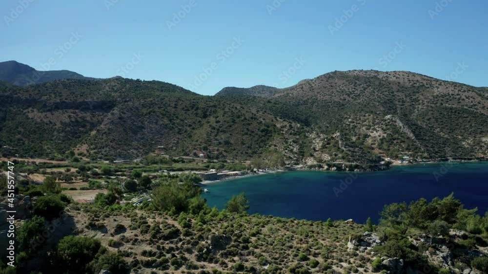 Amazing panoramic aerial 4k view of Bay of Ak�ab�k on Datca peninsula with crystal clear turquoise blue water in Mugla province in Turkey Amazing panoramic aerial 4k view of Bay of Ak�ab�k on Datca peninsula with crystal clear turquoise blue water in Mugla province in Turkey