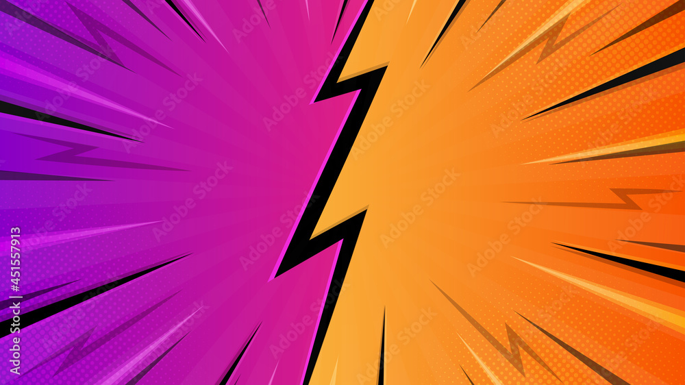 Colorful versus comic style background with lightning and halftone effect.