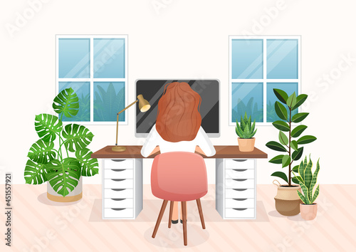 Woman freelancer or student sits at a desk at home working. Back view of the girl. The concept of remote work, office at home, freelancing. Interior with plants. Vector flat illustration.