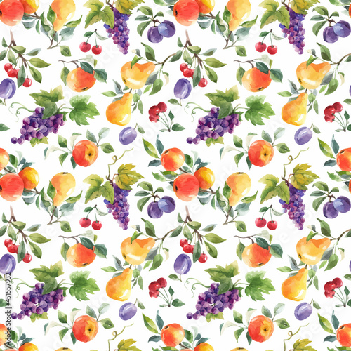 Beautiful vector seamless pattern with hand drawn watercolor tasty summer pear apple grape cherry plum fruits. Stock illustration.