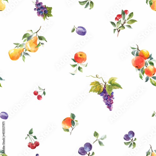 Fototapeta Naklejka Na Ścianę i Meble -  Beautiful vector seamless pattern with hand drawn watercolor tasty summer pear apple grape cherry plum fruits. Stock illustration.