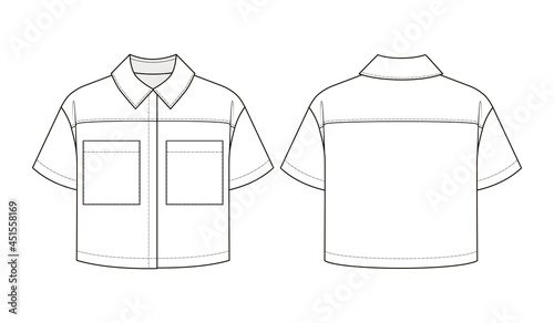 Fashion technical drawing of oversized cropped shirt with pockets 