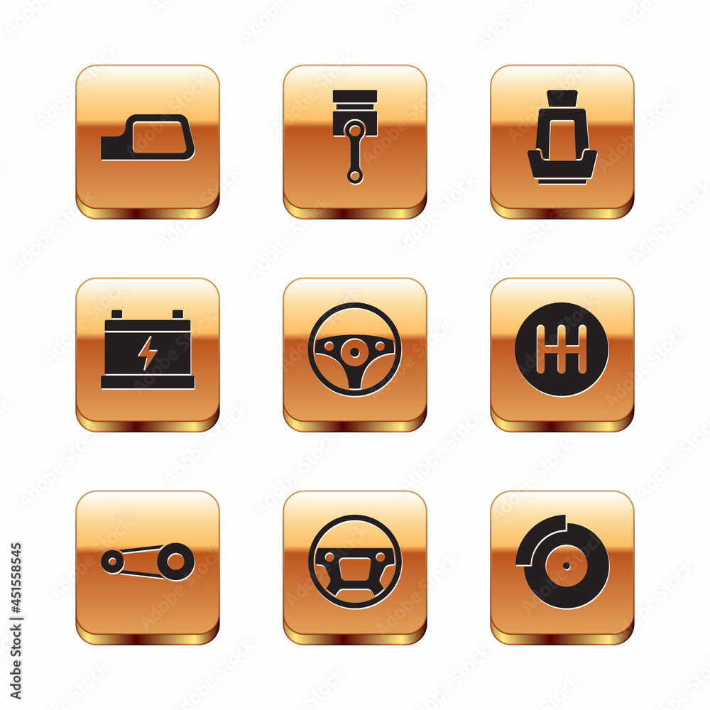 Set Car mirror, Timing belt kit, Steering wheel, battery, seat, brake disk with caliper and Engine piston icon. Vector Set Car mirror, Timing belt kit, Steering wheel, battery, seat, brake disk with caliper and Engine piston icon. Vector