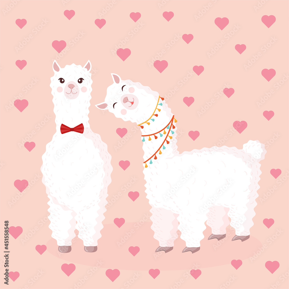 Vector illustration with a loving couple on a pink background with hearts. Suitable for baby texture, textile, fabric, poster, Valentines day card, decor. Cute alpaca from Peru. Vector illustration with a loving couple on a pink background with hearts. Suitable for baby texture, textile, fabric, poster, Valentines day card, decor. Cute alpaca from Peru.