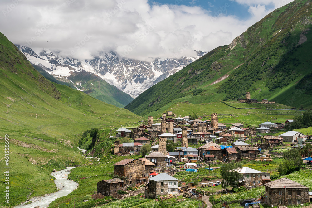 Ushguli village, highest sattlement in Europe in summer or greeny season, Svaneti region in Georgia