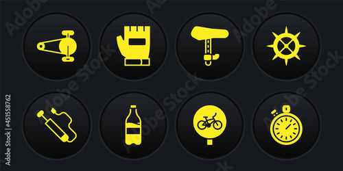 Set Bicycle air pump, sprocket crank, Sport bottle with water, seat, Gloves, Stopwatch and chain gear icon. Vector
