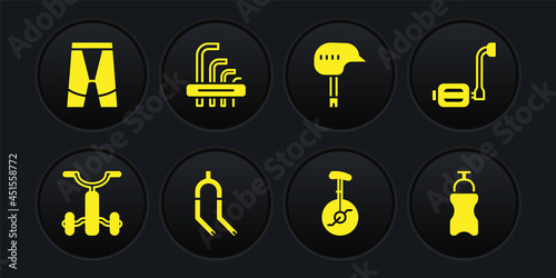 Set Bicycle for kids, pedal, fork, Unicycle one wheel bicycle, helmet, Tool allen keys, Sport bottle with water and Cycling shorts icon. Vector