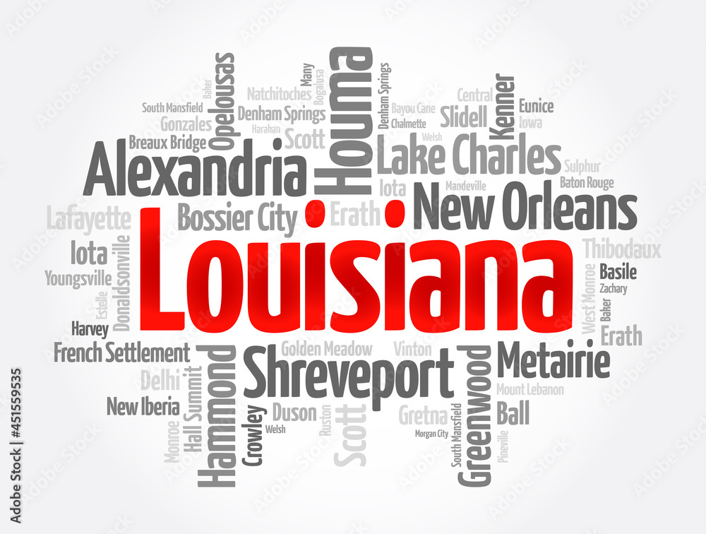 List of cities in Louisiana USA state, word cloud concept background