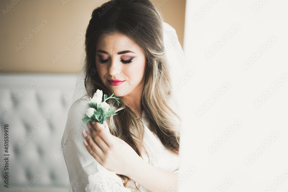 Portrait of beautiful bride with fashion veil at wedding morning Portrait of beautiful bride with fashion veil at wedding morning