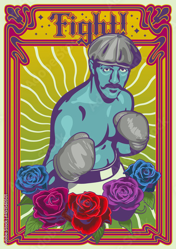 Retro Boxer and Roses, Psychedelic Art Nouveau Frame, Vintage Posters Style Illustration 