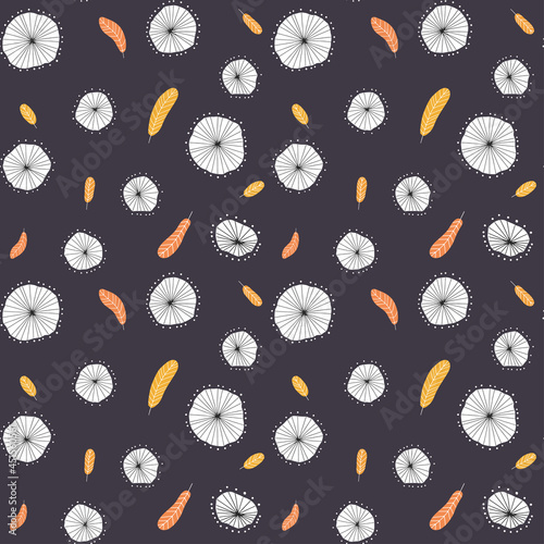 Seamless abstract dandelion puffball and autumn leaves pattern. Print for clothes, textile, wrapping paper and fabric design.