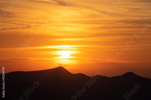 Silhouette of mountains at sunset in the carpathian mountains in summer