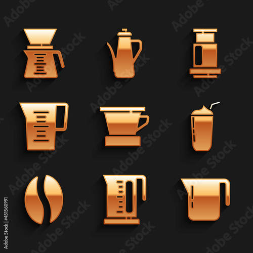 Set V60 coffee maker, Electric kettle, Coffee pot, Milkshake, beans, Jug glass with water, Aeropress and Pour over icon. Vector