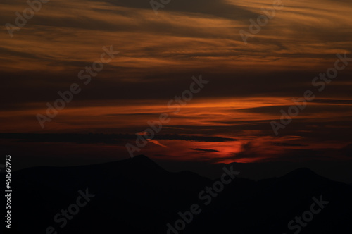 Carpathian mountains at sunset, beautiful summer landscape