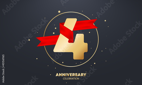 4 year anniversary banner with red ribbon on white. Forth years celebration. Poster or brochure template. Vector EPS 10. Isolated on background