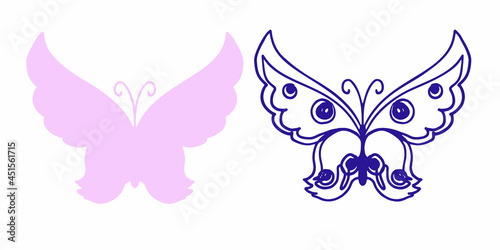 Vector butterfly in Silhouette and Continuous Line Art Style. Funny Doodle Moth isolated on white background.