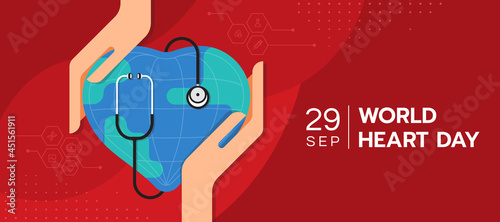 world heart day - hand hold care heart globle world sharp with Stethoscope roll around on abstract red curve texture background vector design