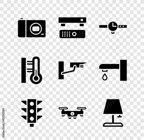 Set Photo camera, Multimedia and TV box, Wrist watch, Traffic light, Drone flying, Table lamp, Meteorology thermometer and Security icon. Vector