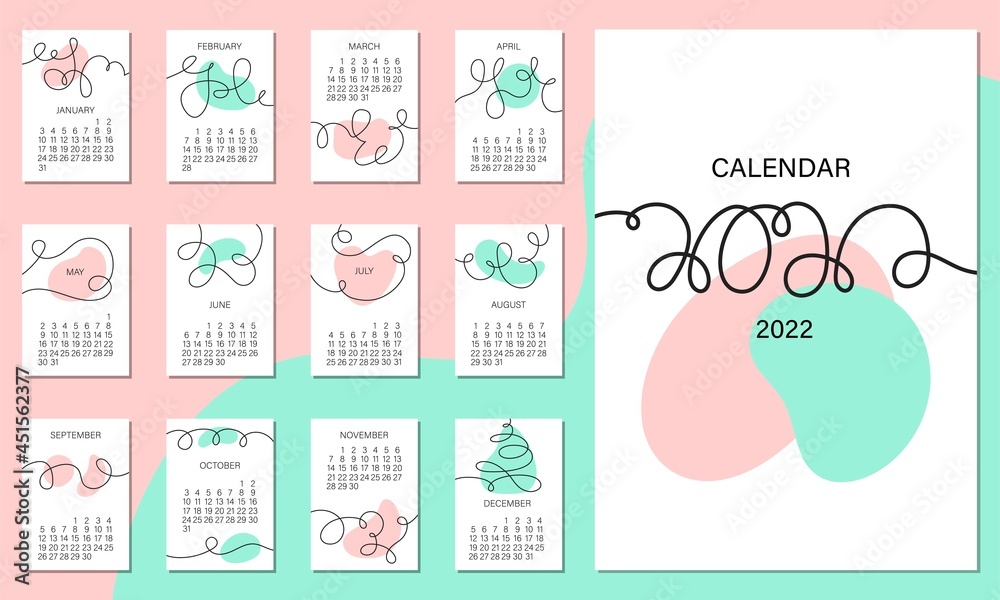 Calendar set on 2022 year. Isolated on pink and mint background. Vector illustration. Simple trendy line art with colored spots. Every month on a separate A4 page. Week starts on Monday. Calendar set on 2022 year. Isolated on pink and mint background. Vector illustration. Simple trendy line art with colored spots. Every month on a separate A4 page. Week starts on Monday.