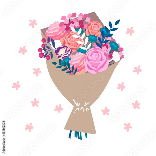 Bouquet of flowers packed in craft paper. Isolated on white background with floristic decor. Vector illustration. Flat, doodle, cartoon style, clip art element, botanical, beauty, delivery order.