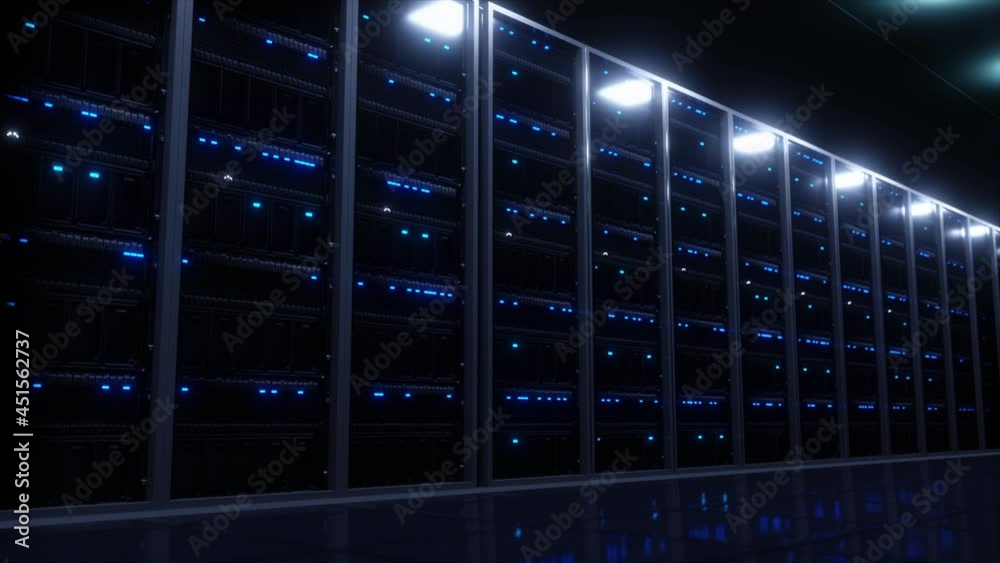 Data center in Server Room with Network and data servers behind glass panels with twinkling lights. Hosting and cloud servers in dark server storage room in Full HD High Quality footage.