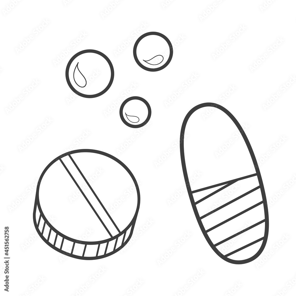 Medicines in tablets, pills and capsules. Isolated on white background. Vector illustration. Simple line-art, doodle style. Icons for drug store, clinic, hospital, social media. Health care, treatment Medicines in tablets, pills and capsules. Isolated on white background. Vector illustration. Simple line-art, doodle style. Icons for drug store, clinic, hospital, social media. Health care, treatment