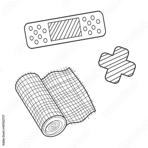Set with Adhesive plaster, gauze, cross plaster isolated. Vector illustration. First aid kit, emergency, medical, trauma, callus, injury, hospital, clinic, doctor, health care, helpful, blood stop