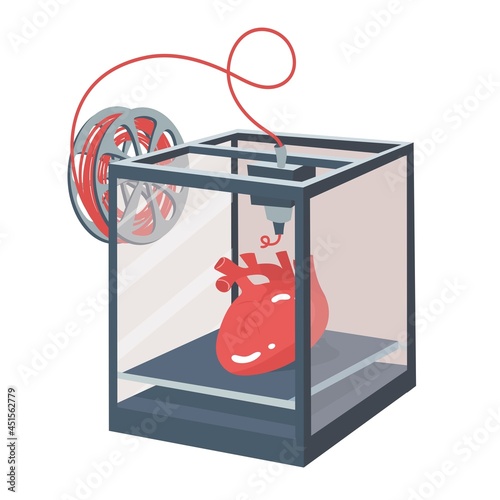 Making internal organs by 3d printer. Future in medicine. Vector hand drawn illustrate. Heart printing. Transplantation, surgery technologies. Save life. Progress, innovation.