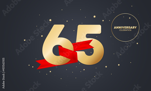 65 year anniversary banner with red ribbon on white. 65th years celebration. Poster or brochure template. Vector EPS 10. Isolated on background