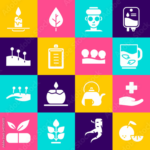Set Citrus fruit, Cross hospital medical, Cup of tea and leaf, Facial cosmetic mask, Clipboard with checklist, Acupuncture therapy, Aroma candle and Vacuum cans icon. Vector