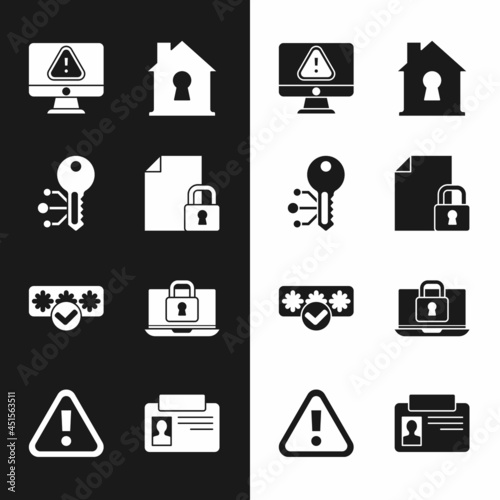 Set Document and lock, Cryptocurrency key, Monitor with exclamation mark, House under protection, Password, Laptop, Identification badge and Exclamation in triangle icon. Vector
