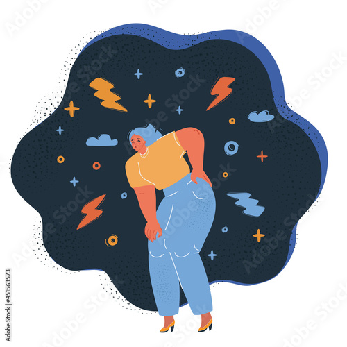 Vector illustration of woman is having a pain in her back over dark backround.