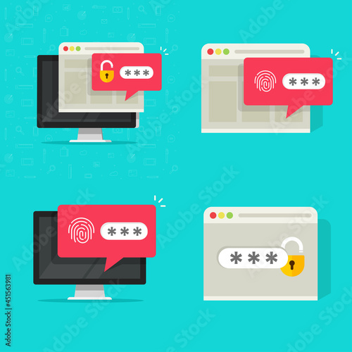 Password secure authorization with unlocked and locked website access on computer pc vector icon flat cartoon illustration, online biometric login with touch id fingerprint technology