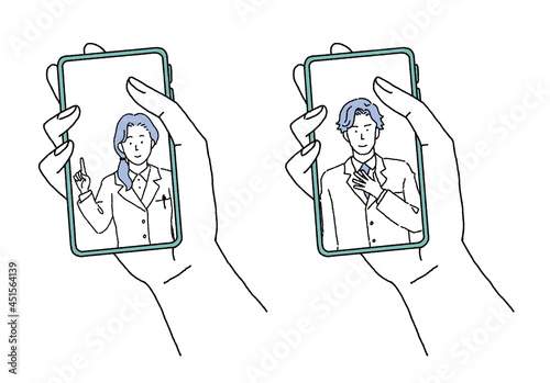 スマートフォンを持つ手とオンライン診察の医師のイラストレーション

