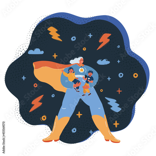 Vector illustration of Woman superhero hold two kids. Teacher, a nanny or a mother concept over dark backround.