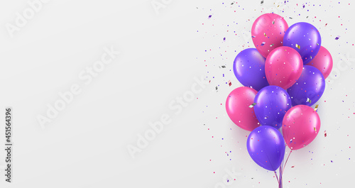 Bright balloons and confetti background realistic multicolored festive aero design decoration