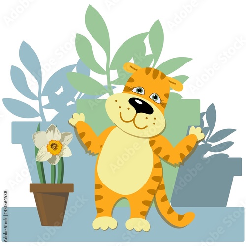 the character of a cute tiger cub grew a daffodil flower in a pot