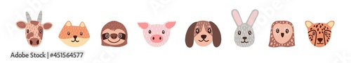 Set of cute baby animal faces. Funny heads of childish characters. Adorable doodle portraits cow, cat, sloth, pig, dog, rabbit, owl and leopard. Flat vector illustration isolated on white background