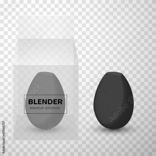Set of gray and black makeup sponge plastic container realistic vector illustration. Beauty blender