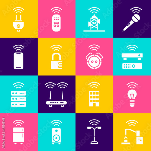 Set Robotic robot arm hand factory, Smart light bulb, Wireless TV box receiver, antenna, safe combination lock, smartphone, electric plug and vacuum cleaner icon. Vector