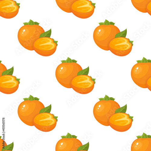 Seamless pattern with fresh bright persimmon fruit isolated on white background. Summer fruits for healthy lifestyle. Organic fruit. Cartoon style. Vector illustration for any design.
