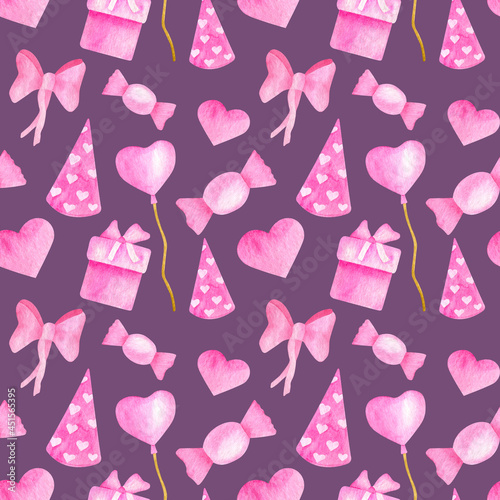Watercolor happy birthday seamless pattern. Hand drawn pink party hat, candy, gift box, balloon, lollipop, ribbon bow on purple background. Cute Birthday party illustration
