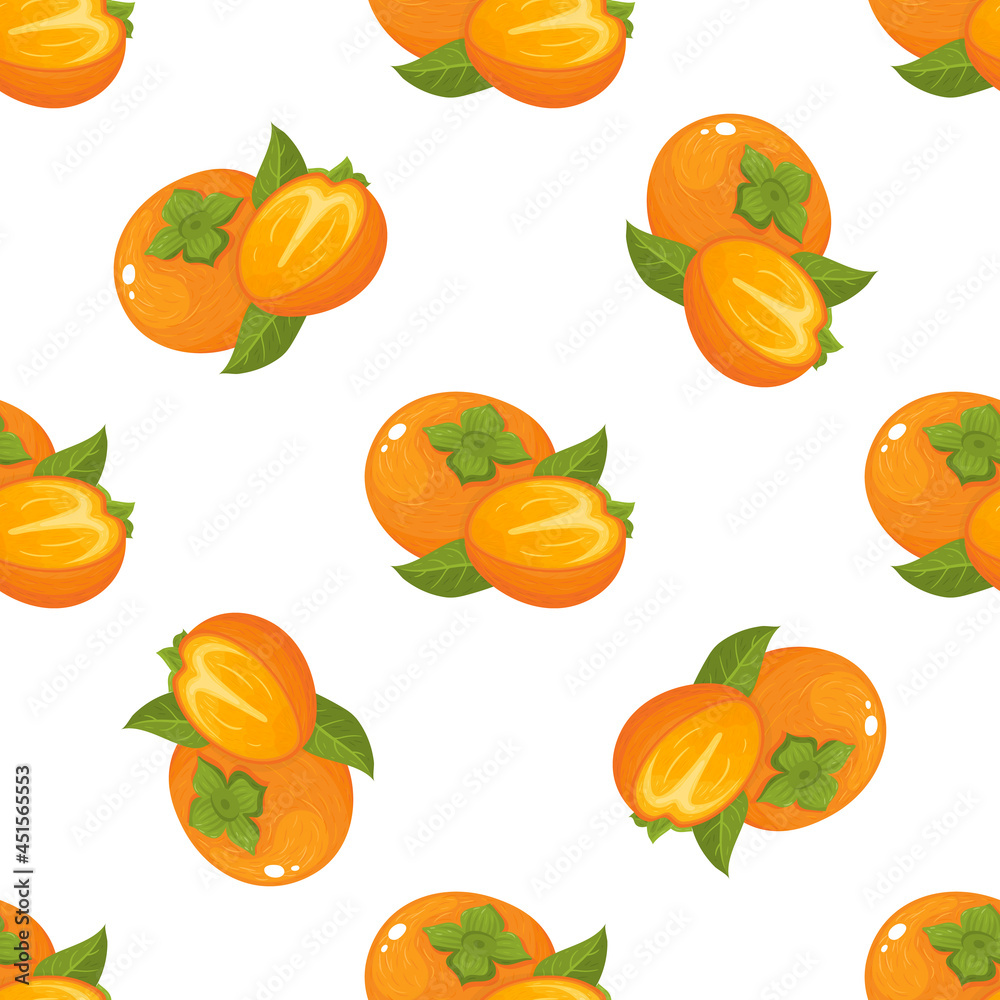 Seamless pattern with fresh bright persimmon fruit isolated on white background. Summer fruits for healthy lifestyle. Organic fruit. Cartoon style. Vector illustration for any design. Seamless pattern with fresh bright persimmon fruit isolated on white background. Summer fruits for healthy lifestyle. Organic fruit. Cartoon style. Vector illustration for any design.