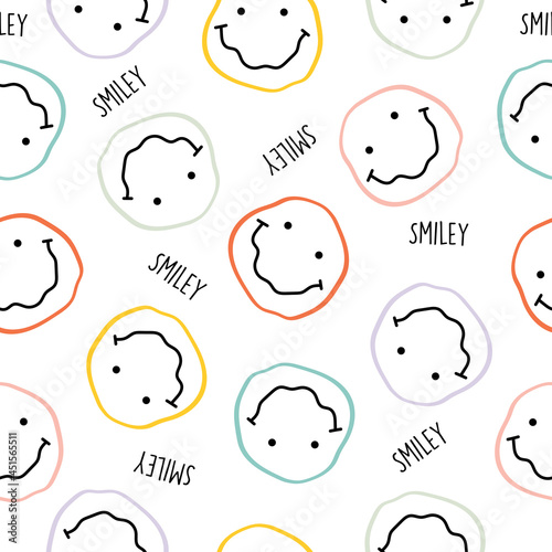 Vector seamless pattern with happy smileys colorful. Smiling emoticons. Hand drawn trendy Vector illustration for kids. Good for Fabric, textile, giftware, wallpaper, for book design and more