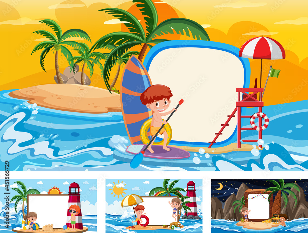 Set of blank banner in different tropical beach scenes