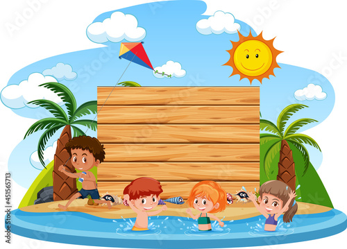 Empty banner template with kids on vacation at the beach on white background