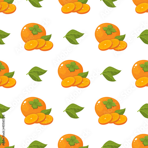 Seamless pattern with fresh bright persimmon fruit and leaves isolated on white background. Summer fruits for healthy lifestyle. Organic fruit. Cartoon style. Vector illustration for any design.