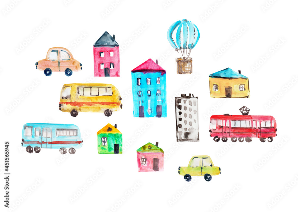 Obraz premium Hand drawn watercolor transpost and house set.
