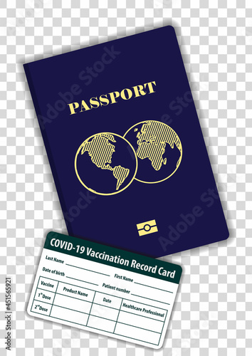 International Passport and Covid-19 Vaccination card isolated on transparent background. Mock Up Template. Vector illustration.	